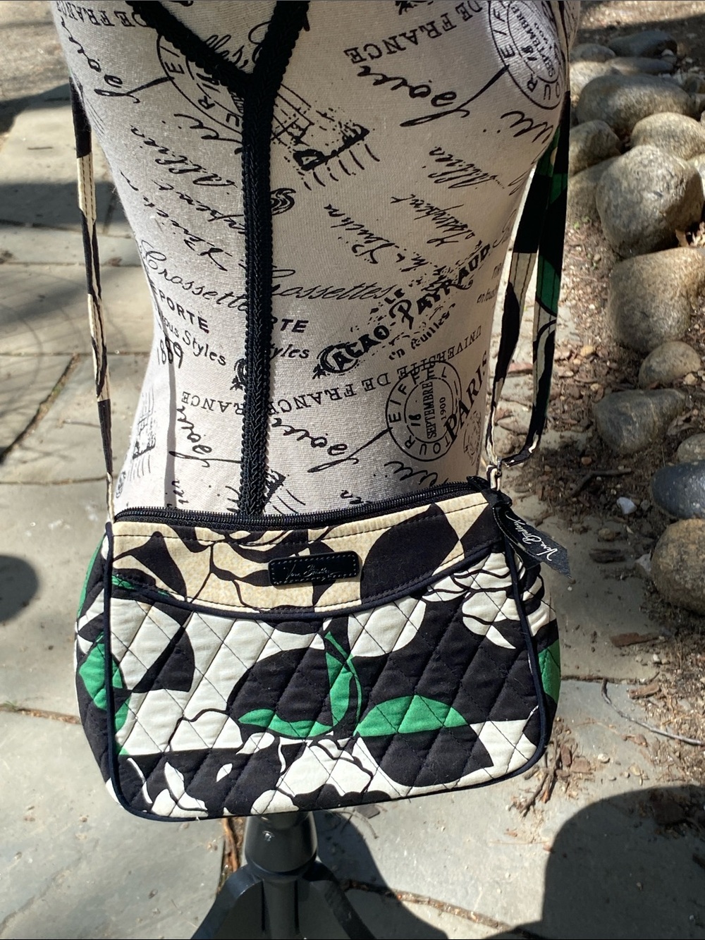 Vera Bradley Quilted Crossbody in Black, Cream & Green Floral Print